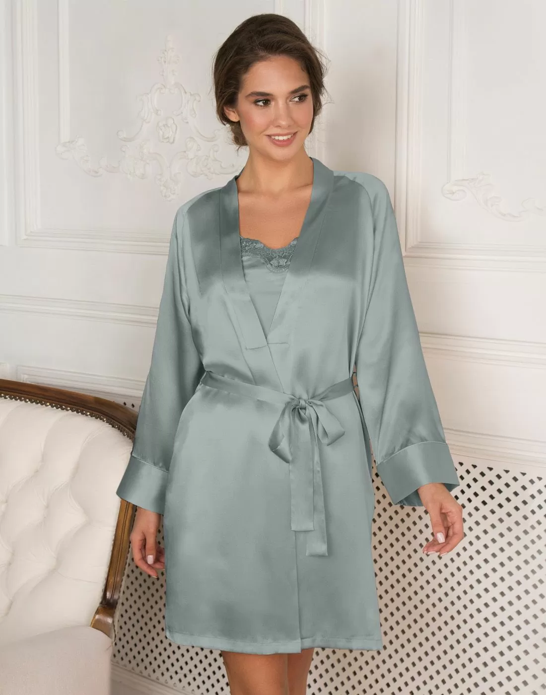 kimono,badekåpe,morgenkåpe,silke,silk,pure,lady,avenue,omslag,grønn,light,petrol,nattøy