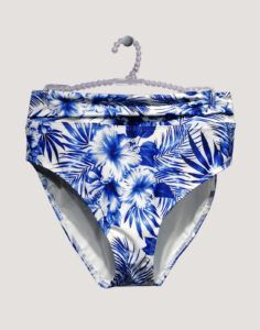 High waist bikinitruse med brettekant i blått og hvitt mønster