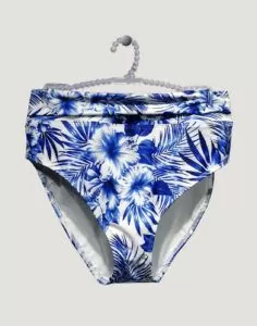 High waist bikinitruse med brettekant i blått og hvitt mønster