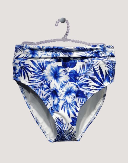 High waist bikinitruse med brettekant i blått og hvitt mønster