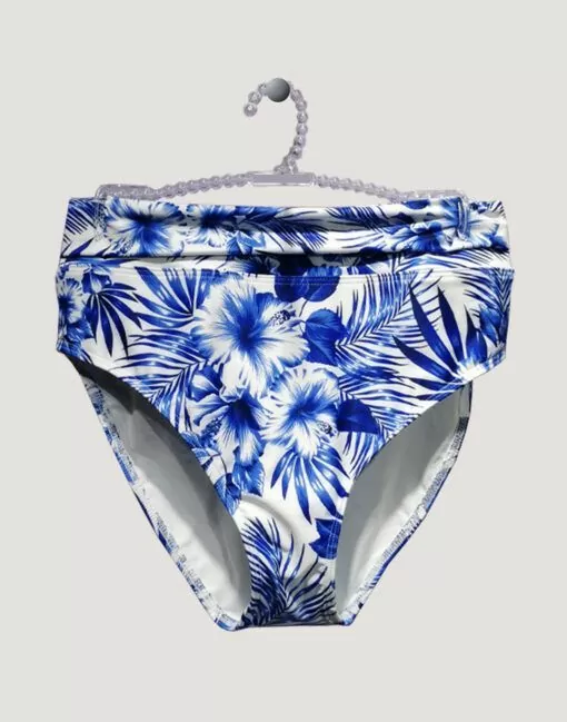 High waist bikinitruse med brettekant i blått og hvitt mønster