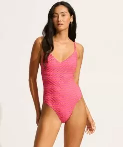 seafolly badedrakt mesh effect hot pink rosa